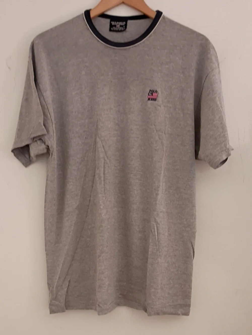 Polo by Ralph Lauren Gray Short Sleeve Tee with Navy Trim and Pink Logo